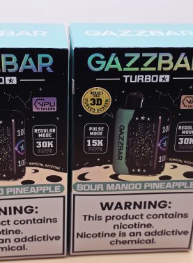 2 Pack Gazzbar Disposable Vape Sour Mango Pineapple flavor with 30,000 puffs, 28ml e-liquid, dual mesh coil, quick charge battery, and 3D curved screen