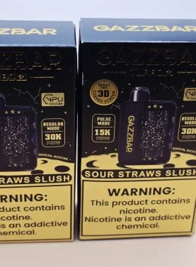 2 Pack Gazzbar Disposable Vape Sour Straw Slush flavor with 30,000 puffs, 28ml e-liquid, dual mesh coil, 800mAh quick-charge battery, and 3D curved screen.