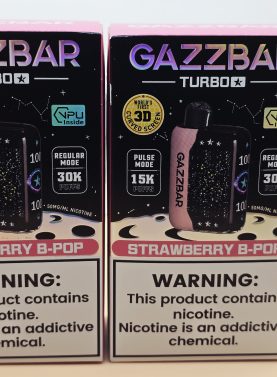 2 Pack Gazzbar Disposable Vape Strawberry B-Pop flavor with 30,000 puffs, dual mesh coil, 28ml e-liquid, and quick charge 800mAh battery.