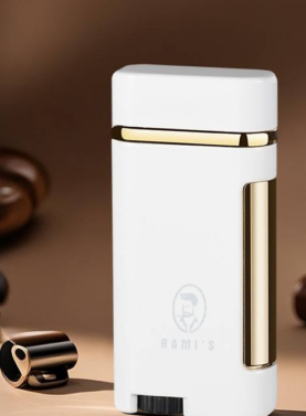 White Rami’s dual flame rechargeable lighter with premium metal body and compact windproof design displayed on desk.