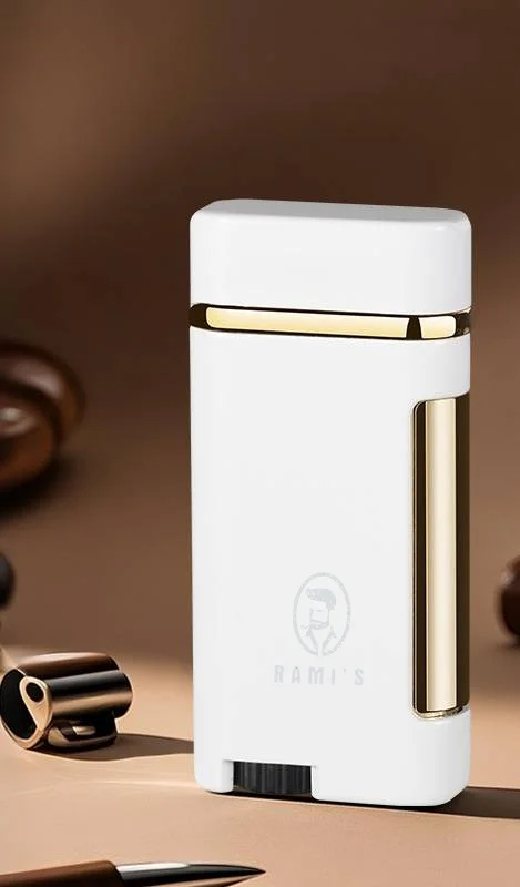 White Rami’s dual flame rechargeable lighter with premium metal body and compact windproof design displayed on desk.