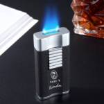 Rami’s Bondu lighter with blue waterfall flat flame, black textured body and silver metal top