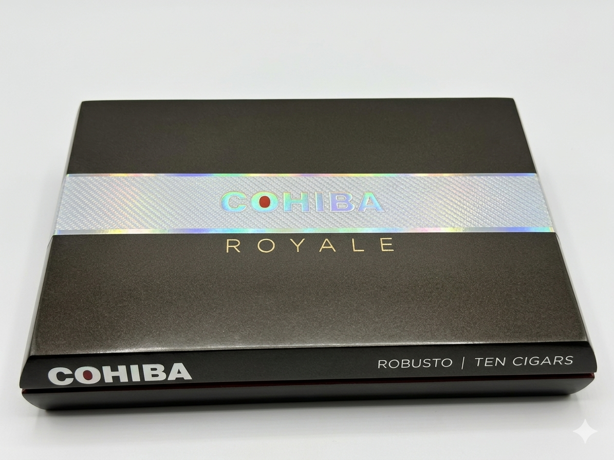Royale Robusto closed cigar box with premium black and holographic packaging
