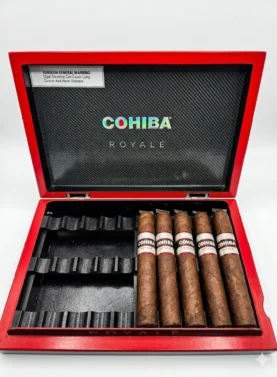 Open Red and black Cohiba Royale luxury cigar box showing five Robusto Cigars with holographic bands on a carbon fiber interior