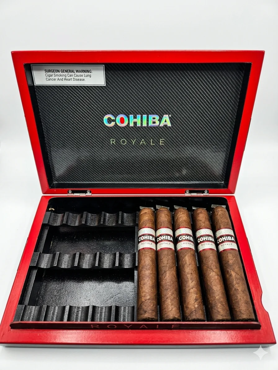 Open Red and black Cohiba Royale luxury cigar box showing five Robusto Cigars with holographic bands on a carbon fiber interior