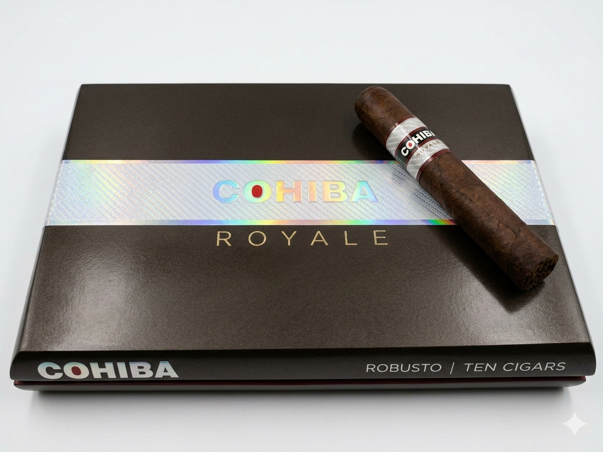 Royale Robusto cigar resting on Cohiba Royale box with dark wrapper and premium packaging