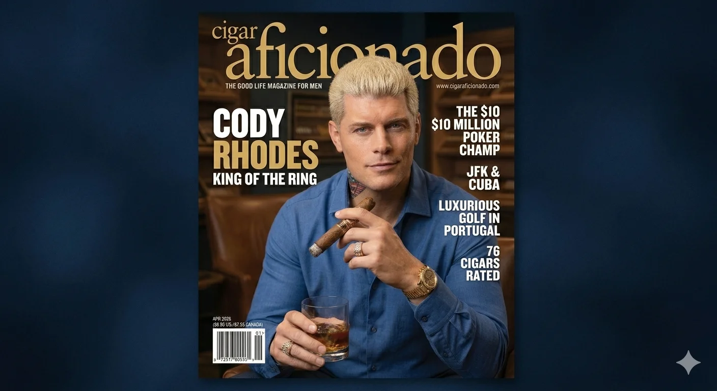 A photograph of the April 2026 issue of Cigar Aficionado magazine featuring Cody Rhodes. He has platinum blonde hair, neck tattoos, and is holding a lit cigar and a glass of whiskey. Headlines include "CODY RHODES KING OF THE RING." The background is a dark blue textured gradient.