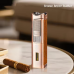 Rami's triple flame torch lighter with built-in cigar punch and poker tool in bronze finish with brown leather detail