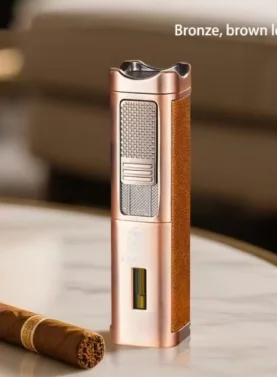 Rami's triple flame torch lighter with built-in cigar punch and poker tool in bronze finish with brown leather detail
