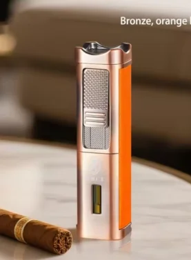 Rami's triple flame torch lighter with built-in cigar punch and poker tool in bronze finish with orange leather detail