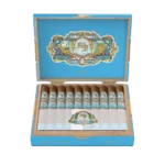 Box-pressed My Father Blue Honduras Toro cigar showcasing its light-colored Connecticut Broadleaf Rosado wrapper and light blue flag-inspired bands.