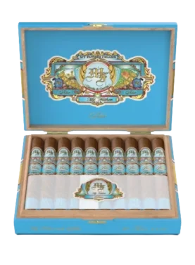 Box-pressed My Father Blue Honduras Toro cigar showcasing its light-colored Connecticut Broadleaf Rosado wrapper and light blue flag-inspired bands.