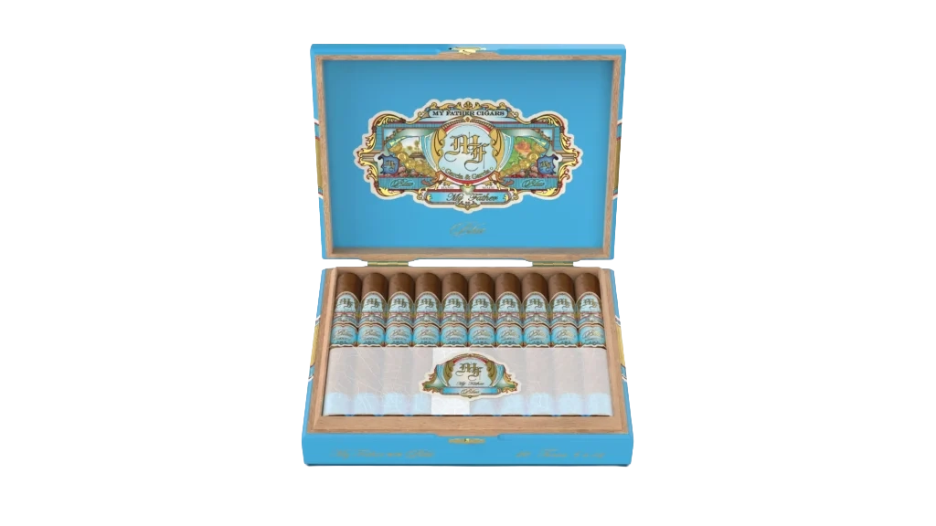Box-pressed My Father Blue Honduras Toro cigar showcasing its light-colored Connecticut Broadleaf Rosado wrapper and light blue flag-inspired bands.