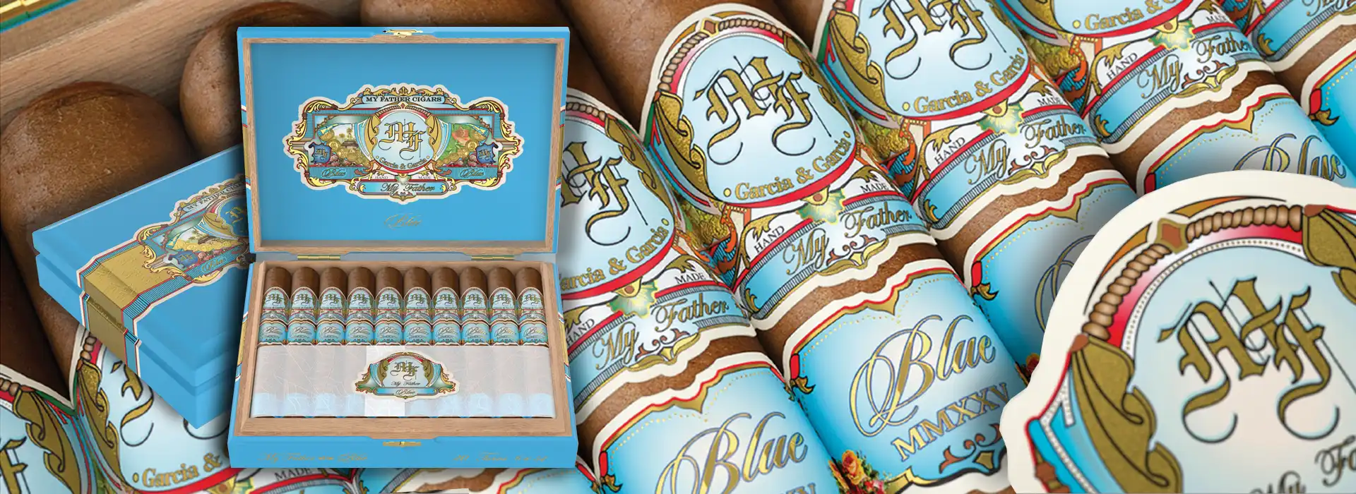 E-commerce promotional banner featuring the new My Father Blue Honduras cigars, showcasing an open display box, detailed views of the light blue bands with Roman numerals MMXXV, and a rustic wooden background
