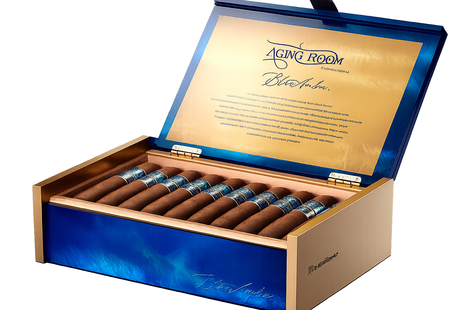 The file aging-room-blue-amber-open-box-jpg displays an open, luxury display box of Aging Room Quattro Nicaragua Blue Amber premium cigars, showcasing a vibrant blue lacquered exterior with gold accents, a metallic gold inner lid with branding script, and neatly arranged cigars with textured blue and silver bands
