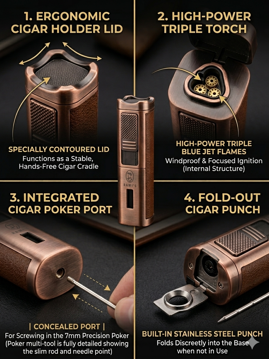 A technical breakdown of the Rami's Accessories signature lighter in bronze and leather, showcasing the ergonomic cigar holder lid, triple torch flame, integrated poker port, and fold-out punch.