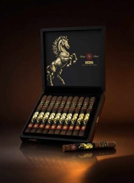 The file rocky-patel-year-of-the-horse-open-box-presntation.jpg displays an open black premium wooden retail box of Rocky Patel 2026 Year of the Horse cigars propped upright, showcasing a matte black inner lid adorned with a detailed gold illustration of a rearing horse next to the Rocky Patel logo and "2026 Year of the Horse" text, a row of ten premium cigars inside with matching black, gold, and red bands, and a single cigar resting horizontally in the foreground casting a reflection on a glossy surface against a warm brown gradient background