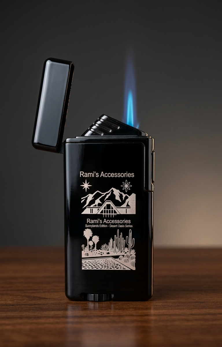 A high-gloss black Rami's Accessories Sunnylands Edition lighter igniting a powerful blue torch flame. The lighter features silver laser-engraved artwork of a desert mountain landscape, palm trees, and mid-century architecture