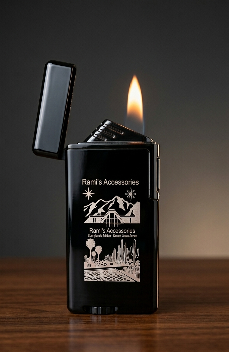 A side profile of a luxury black and chrome Rami's Accessories lighter standing open on a polished wooden surface, highlighting a glowing blue vertical LED digital display showing 100, 75, 50, and 25 percent battery levels with premium cigar boxes out of focus in the background.