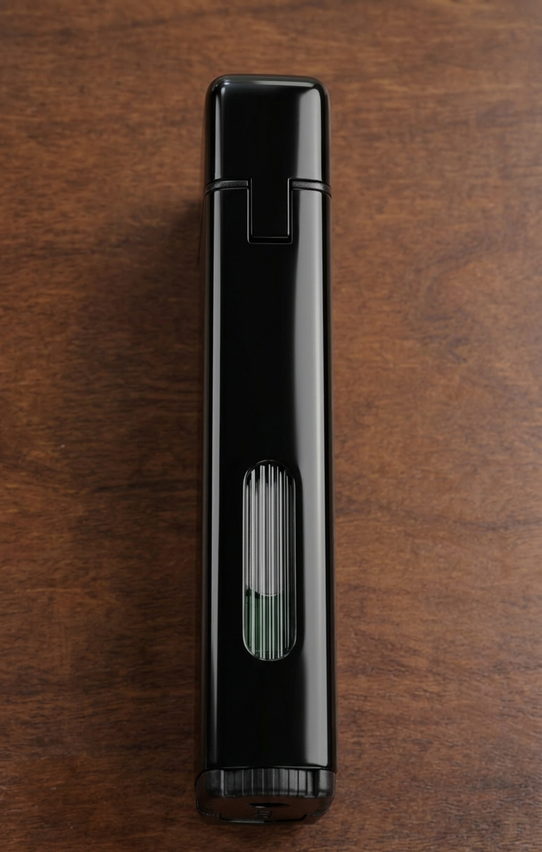 A side profile view of a gloss-black Rami's Accessories lighter standing vertically on a wooden table, focusing on the clear, ribbed fuel gauge window at the bottom showing the internal gas level