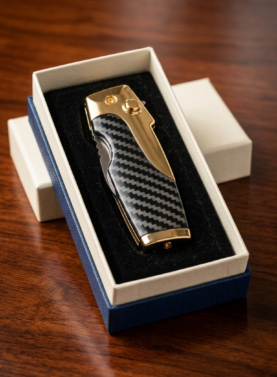 A "Rami's" Vanguard cigar lighter with a textured black carbon fiber body and polished gold accents, featuring an integrated folding knife and the Rami's mustache-man logo, displayed in a white presentation box.