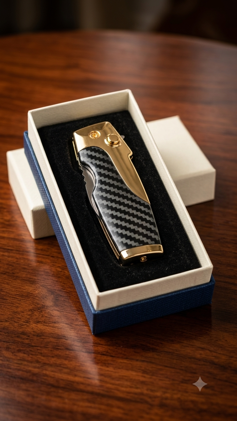 A "Rami's" Vanguard cigar lighter with a textured black carbon fiber body and polished gold accents, featuring an integrated folding knife and the Rami's mustache-man logo, displayed in a white presentation box.