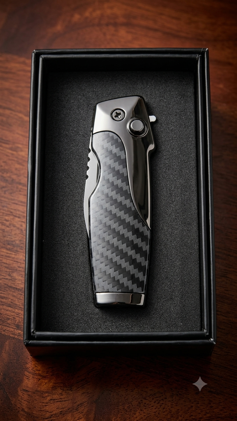 A "Rami's" Vanguard cigar lighter featuring a modern carbon fiber body accented with polished gunmetal, including an integrated folding knife and the Rami's mustache-man logo, displayed in a black presentation box.