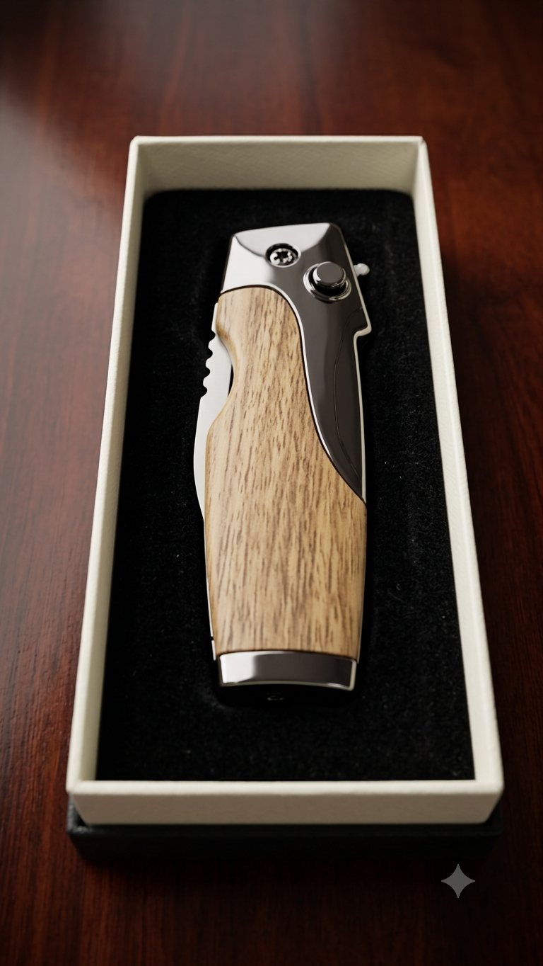 Rami's Vanguard cigar lighter with a natural oak wood finish and polished chrome hardware, featuring an integrated folding cigar knife with a locking mechanism, in a presentation box.
