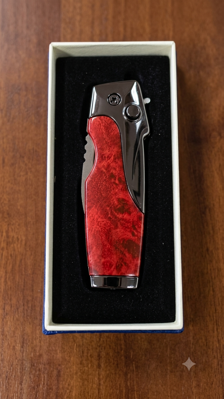 Rami's Vanguard cigar lighter with a black carbon fiber body and polished gold hardware, featuring an integrated side-folding cigar knife with a locking mechanism, in a presentation box.