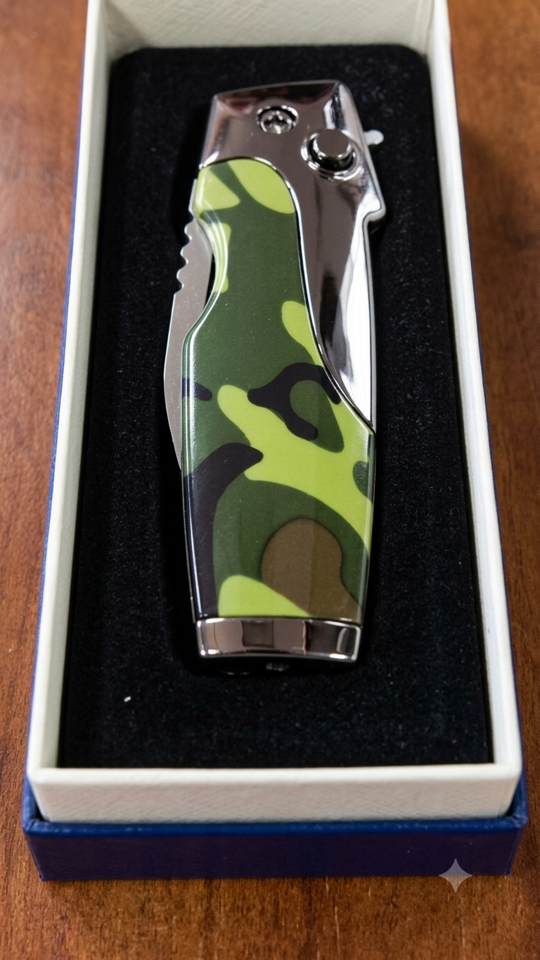 A "Rami's" Vanguard cigar lighter in a bold camouflage finish, featuring an integrated folding cigar knife with a locking mechanism, showcased in its presentation box.