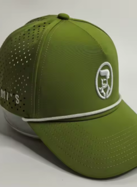 A studio product shot of an olive drab Rami's Apex Performance Cap, featuring a white rope trim on the brim, laser-perforated side panels for breathability, and the signature "Rami's" circular logo embroidered in white on the front.