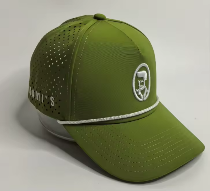 A studio product shot of an olive drab Rami's Apex Performance Cap, featuring a white rope trim on the brim, laser-perforated side panels for breathability, and the signature "Rami's" circular logo embroidered in white on the front.