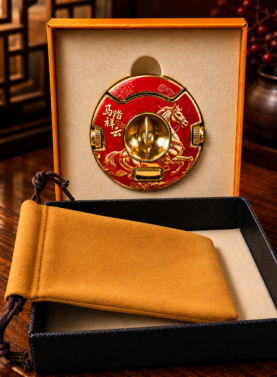"The Sovereign Horse by Rami limited edition cigar cutter in red and gold finish featuring a V-cutter and dual punch sizes inside a luxury gift box."