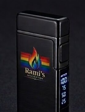 Sleek black Rami's Prizm Black Pride Edition lighter featuring a clear digital battery status display.