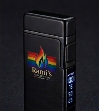 Sleek black Rami's Prizm Black Pride Edition lighter featuring a clear digital battery status display.