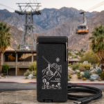 Rami's Tramway Summit rechargeable lighter with custom tramway engraving, Palm Springs mountain backdrop, and USB-C charging cable.
