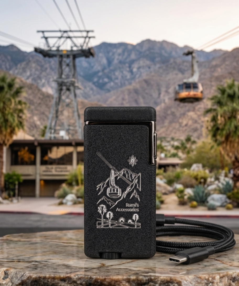 Rami's Tramway Summit rechargeable lighter with custom tramway engraving, Palm Springs mountain backdrop, and USB-C charging cable.