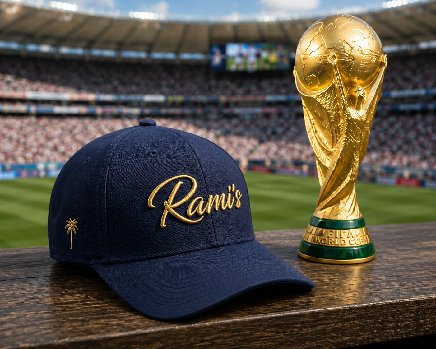 Rami's Palm Premium Performance Cap in navy blue, featuring gold "Rami's" script embroidery on the front and a gold palm tree icon on the side, displayed on a wooden surface next to a gold FIFA World Cup trophy inside a stadium.
