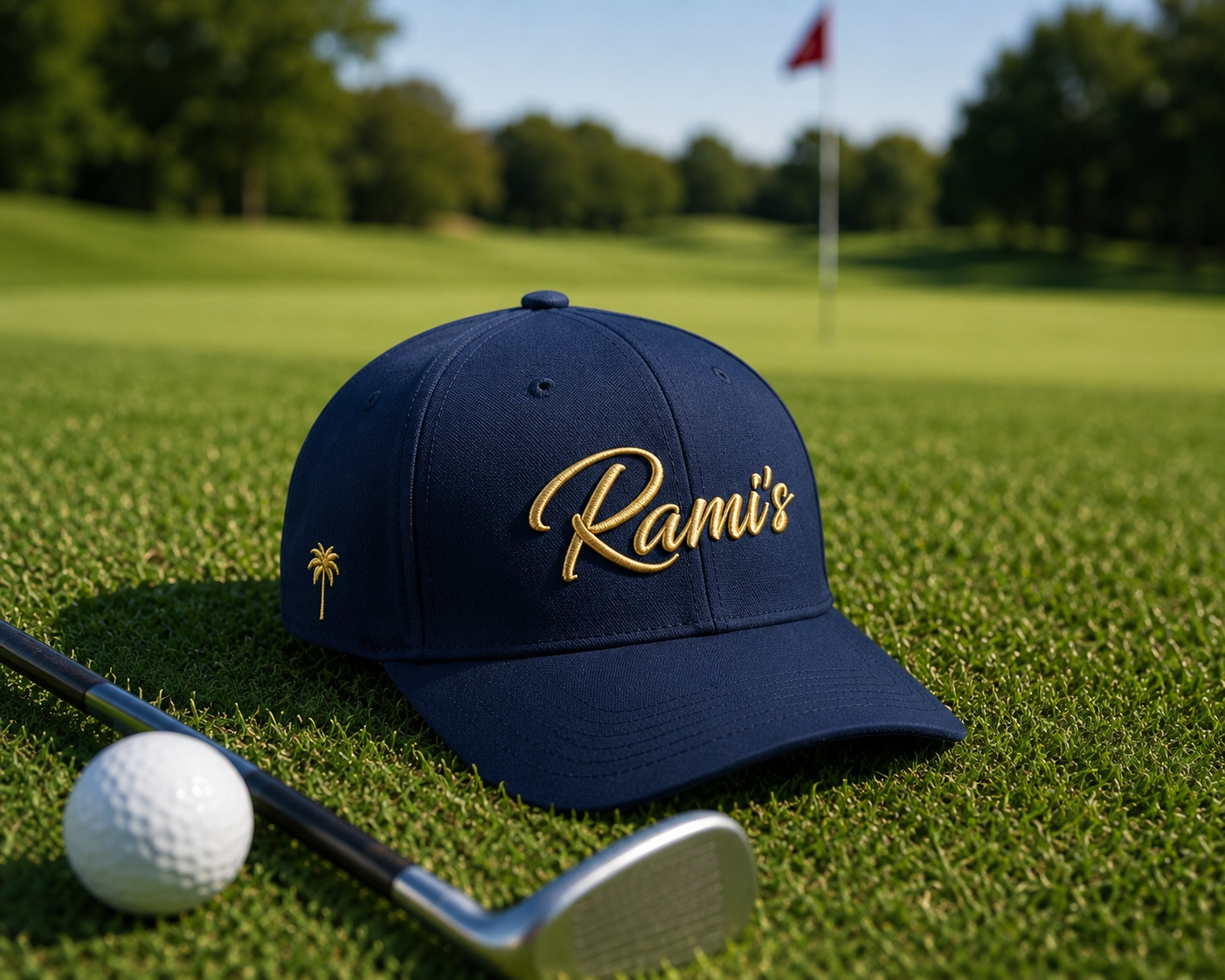 A navy blue Rami's Palm Premium Performance Cap with gold script embroidery, resting on a manicured green golf course lawn with a golf ball and club in the foreground and a flagstick in the distance.