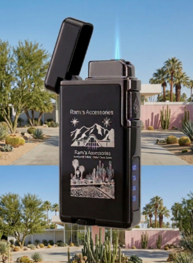 A composite lifestyle image featuring a glossy black Rami's Accessories Sunnylands Edition lighter floating against a sunny, bright blue sky background, overlooking a mid-century modern estate with a flagstone path, golden barrel cacti, and tall palm trees matching the laser-engraved artwork on the chassis