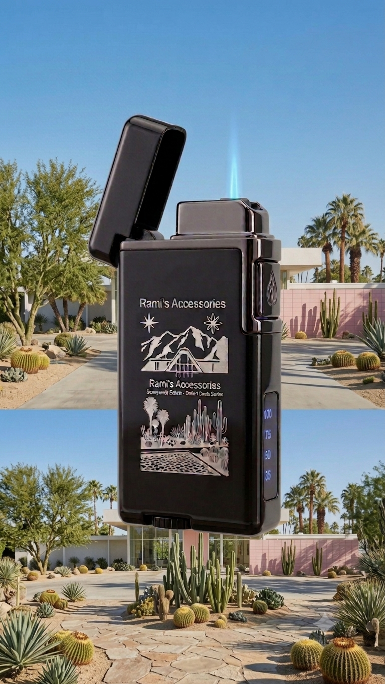 A composite lifestyle image featuring a glossy black Rami's Accessories Sunnylands Edition lighter floating against a sunny, bright blue sky background, overlooking a mid-century modern estate with a flagstone path, golden barrel cacti, and tall palm trees matching the laser-engraved artwork on the chassis