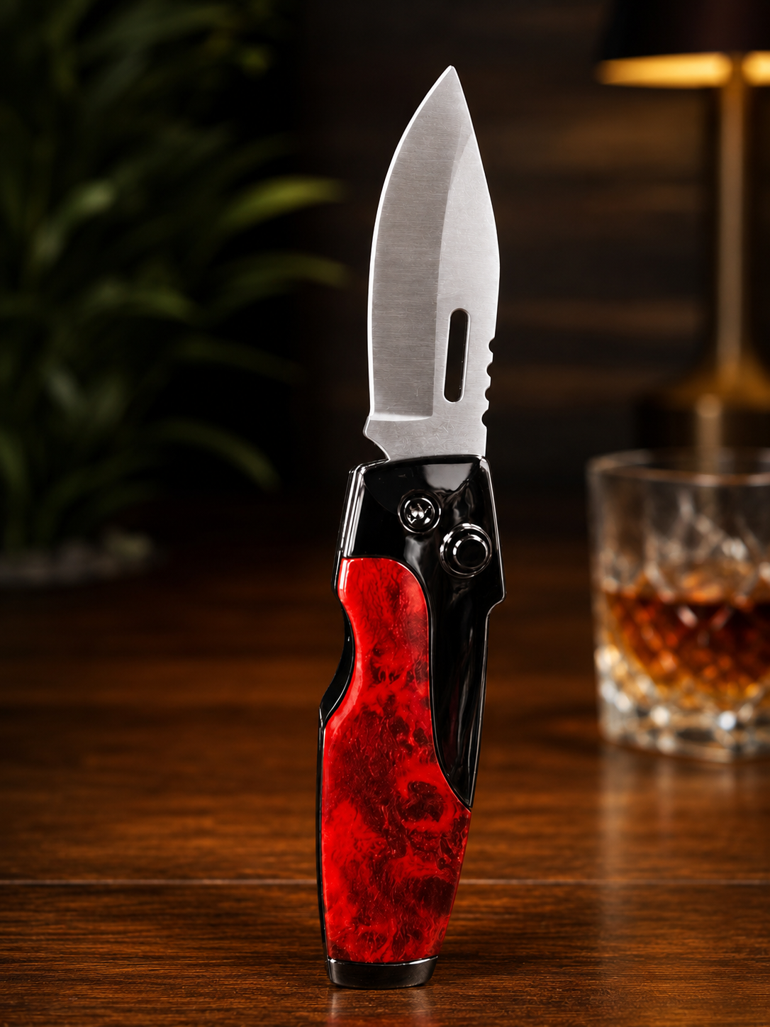 Rami's Vanguard lighter with integrated cigar knife, featuring a red resin handle, black metal body, and stainless-steel folding blade.