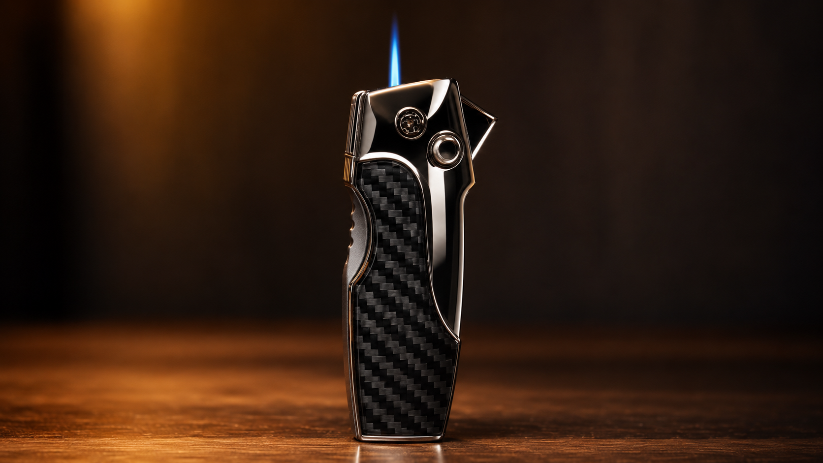 Single jet torch lighter with carbon fiber finish and polished chrome body displayed in a professional studio setting with visible blue flame.